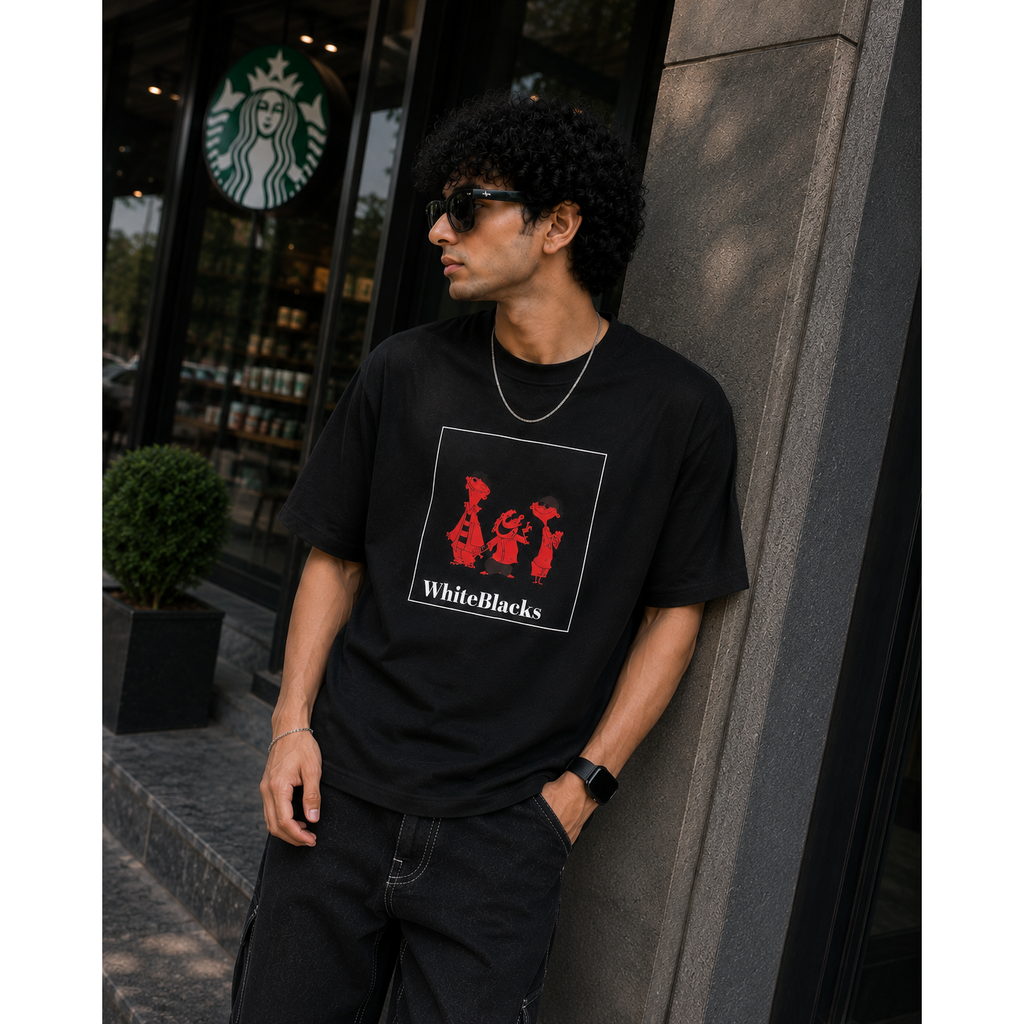 Retro Cartoon Trio Filtered Oversized Graphic T-Shirt | WhiteBlacks State of Mind Collection