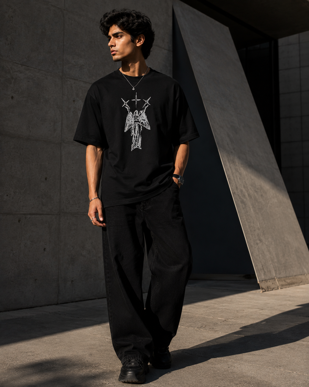 Three Crosses Angel Oversized Graphic T-Shirt