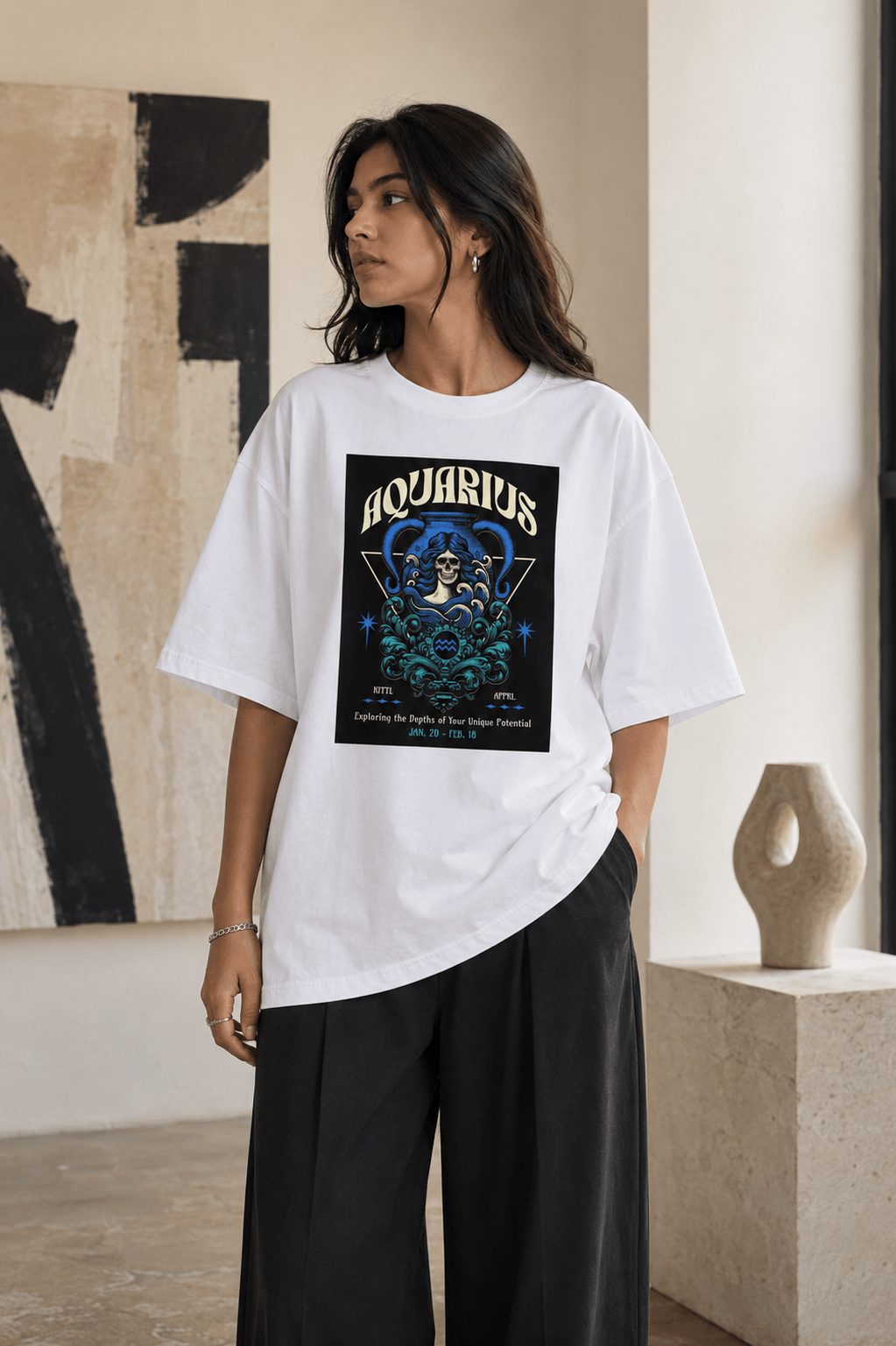 Aquarius Zodiac Oversized Graphic T-Shirt - WhiteBlacks