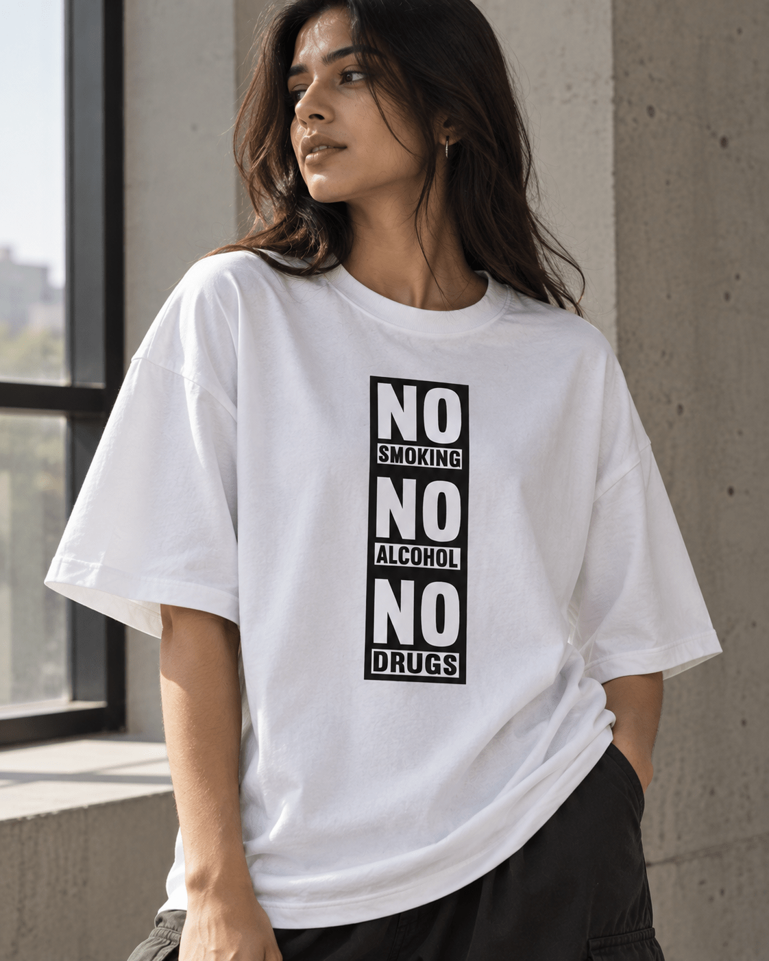 No Smoking No Alcohol No Drugs Oversized Graphic T-Shirt - WhiteBlacks