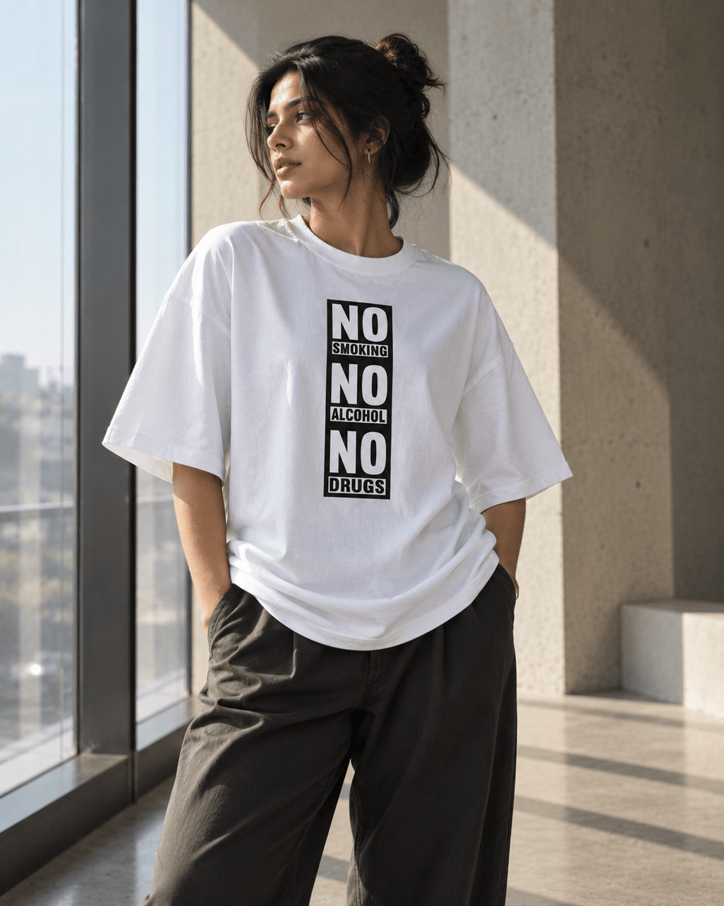 No Smoking No Alcohol No Drugs Oversized Graphic T-Shirt - WhiteBlacks