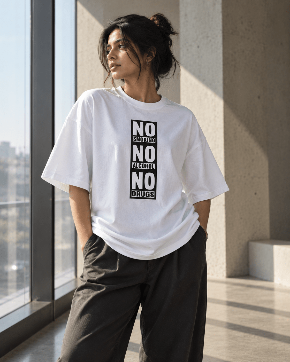 No Smoking No Alcohol No Drugs Oversized Graphic T-Shirt - WhiteBlacks
