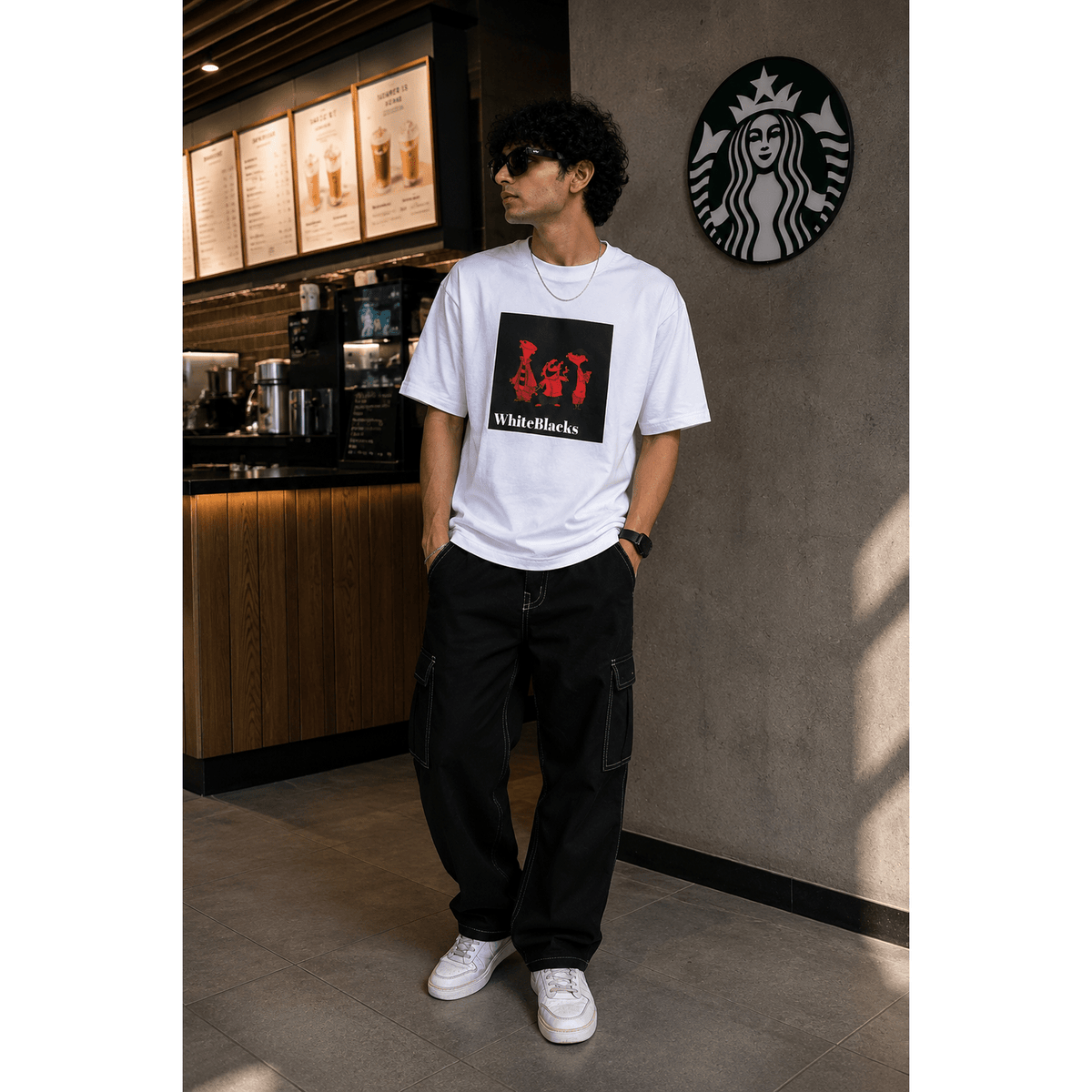 Retro Cartoon Trio Filtered Oversized Graphic T-Shirt - WhiteBlacks