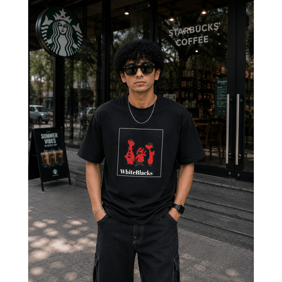 Retro Cartoon Trio Filtered Oversized Graphic T-Shirt - WhiteBlacks