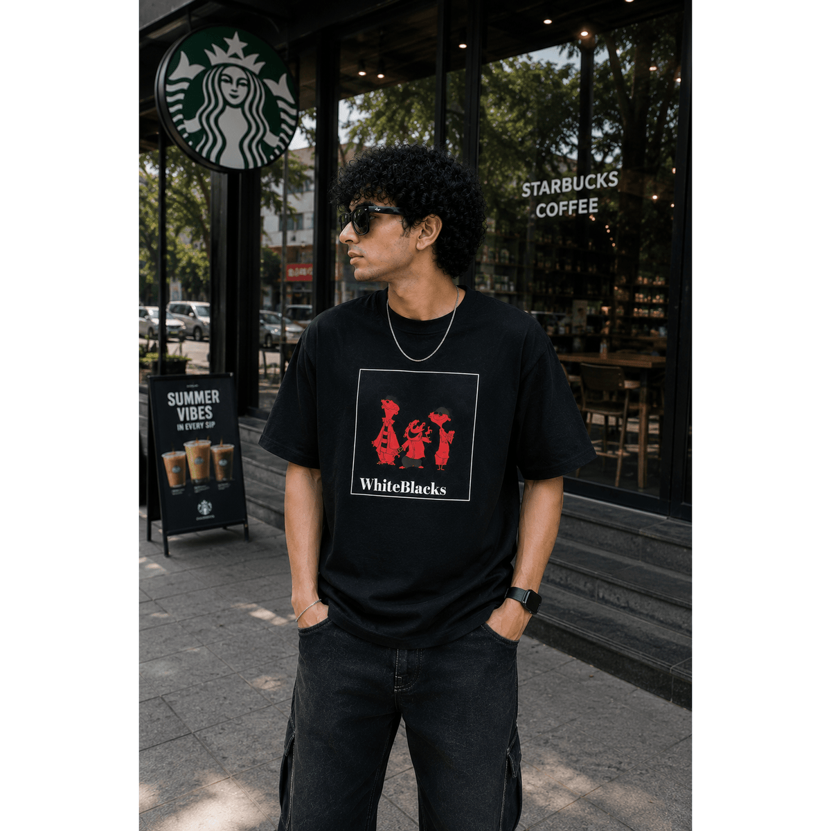 Retro Cartoon Trio Filtered Oversized Graphic T-Shirt - WhiteBlacks