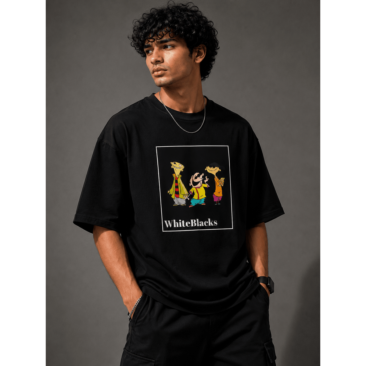 Retro Cartoon Trio Oversized Graphic T-Shirt - WhiteBlacks