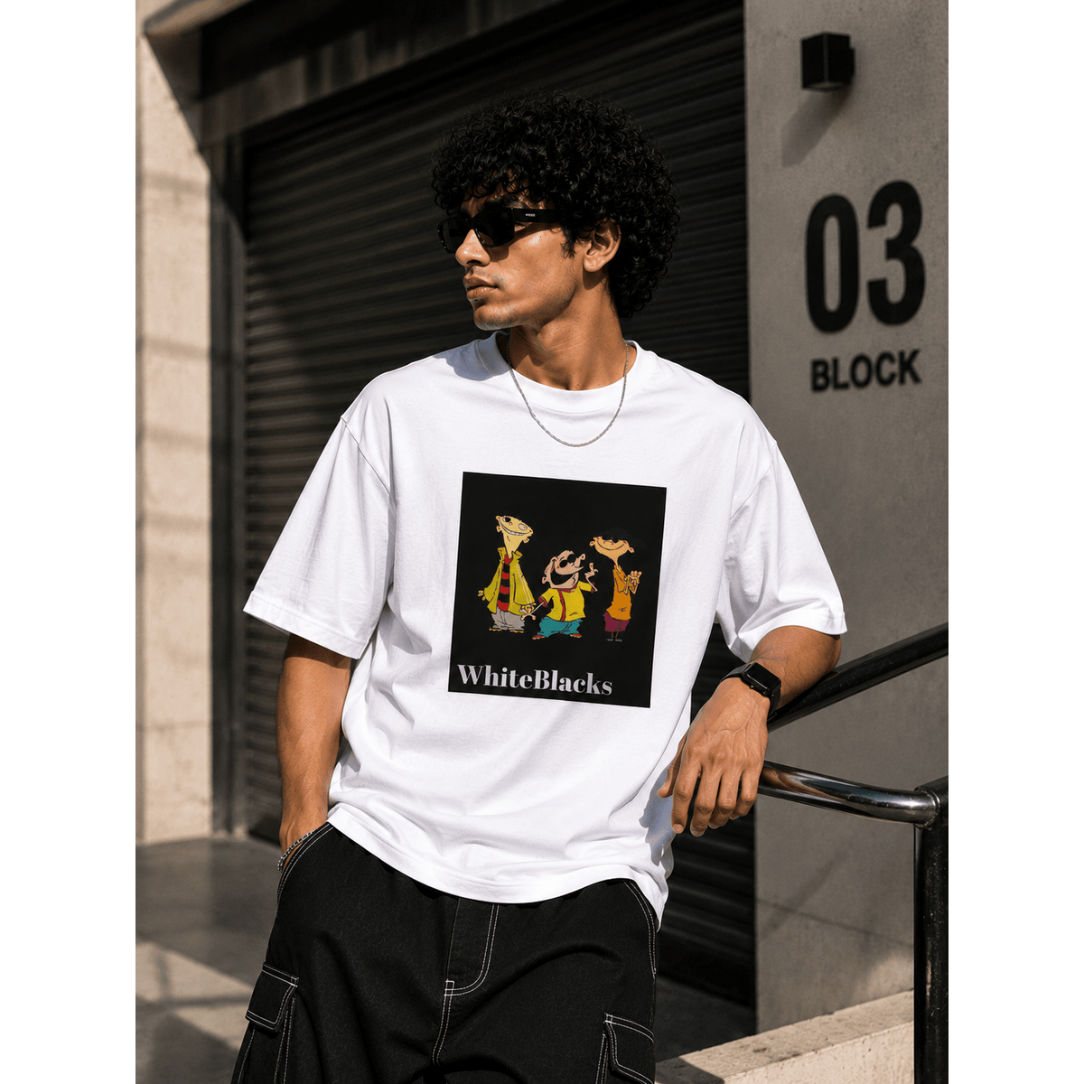 Retro Cartoon Trio Oversized Graphic T-Shirt - WhiteBlacks