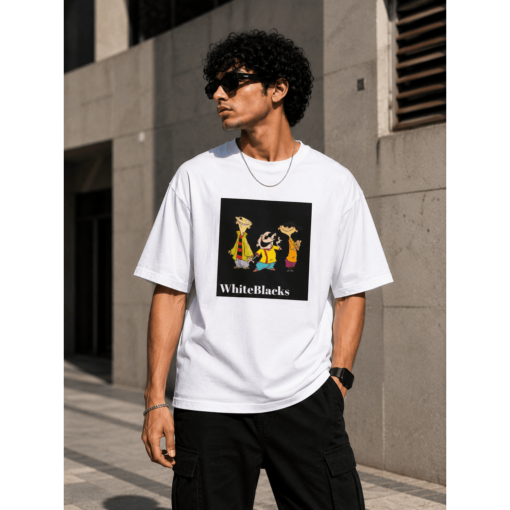 Retro Cartoon Trio Oversized Graphic T-Shirt - WhiteBlacks