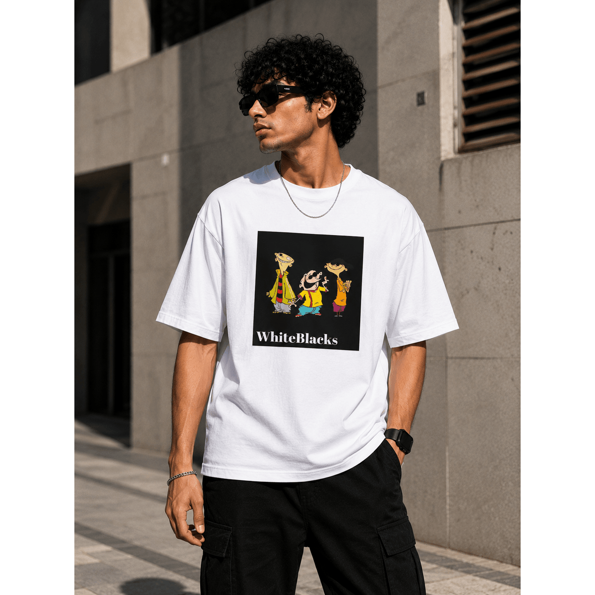 Retro Cartoon Trio Oversized Graphic T-Shirt - WhiteBlacks